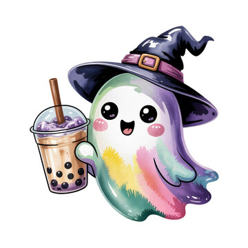 Naklejki rainbow-colored ghost wears a witch hat and holds a cup of bubble tea