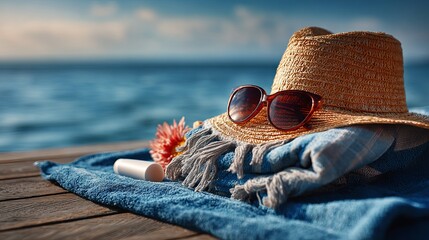 Beach day! Straw hat, sunglasses, and sunscreen in a bag on a blue towel. Everything you need to enjoy the sun and relax by the ocean.