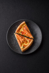 Quiche, salmon pie, broccoli, cheese. Quiche tart with fish and vegetables, cheese