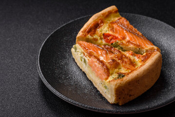 Quiche, salmon pie, broccoli, cheese. Quiche tart with fish and vegetables, cheese