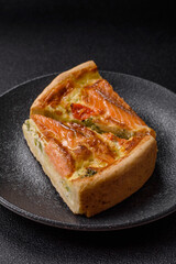 Quiche, salmon pie, broccoli, cheese. Quiche tart with fish and vegetables, cheese