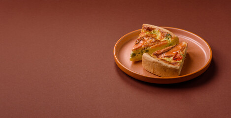 Quiche, salmon pie, broccoli, cheese. Quiche tart with fish and vegetables, cheese