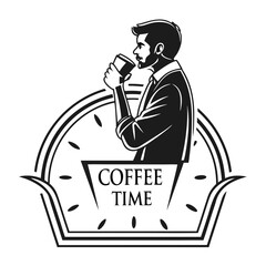 Black and white coffee time illustration featuring a man drinking coffee