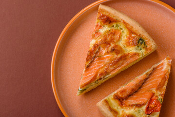 Quiche, salmon pie, broccoli, cheese. Quiche tart with fish and vegetables, cheese