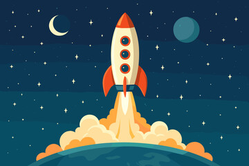 Retro space rocket launch taking off from Earth into starry night sky, cartoon vector illustration. Spaceship blasting off, adventure, exploration, science, technology, modern flat style design