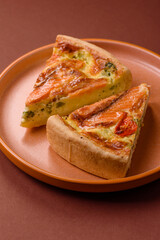 Quiche, salmon pie, broccoli, cheese. Quiche tart with fish and vegetables, cheese