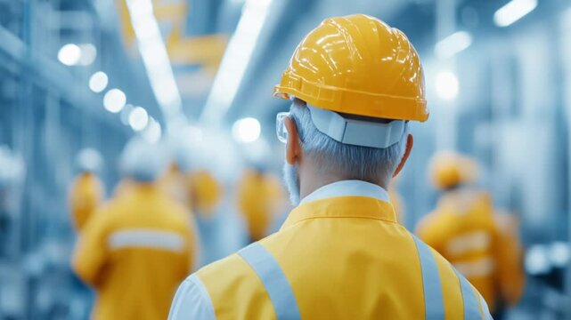 Construction workers in yellow helmets, focused on teamwork, industrial setting, collaborative atmosphere, ideal for project planning.