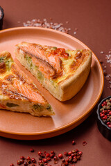 Quiche, salmon pie, broccoli, cheese. Quiche tart with fish and vegetables, cheese