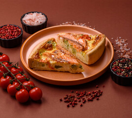 Quiche, salmon pie, broccoli, cheese. Quiche tart with fish and vegetables, cheese