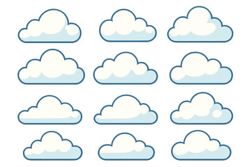 Flat Style Cloud Icon Set. Collection of White and Blue Cartoon Clouds. Simple Weather Symbols. Modern Vector Illustration for Design, Web, App, Forecast, Kids, Nature, Sky, Clipart