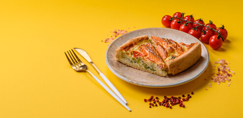 Quiche, salmon pie, broccoli, cheese. Quiche tart with fish and vegetables, cheese