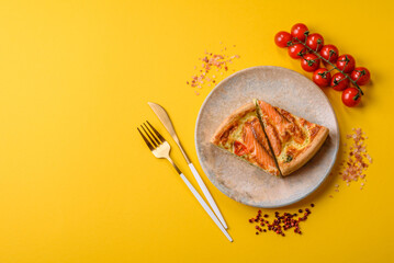 Quiche, salmon pie, broccoli, cheese. Quiche tart with fish and vegetables, cheese