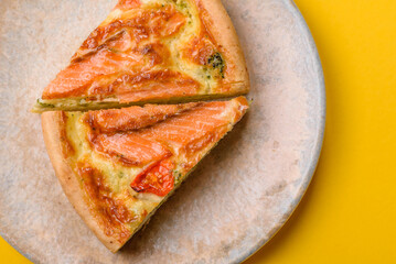 Quiche, salmon pie, broccoli, cheese. Quiche tart with fish and vegetables, cheese