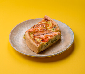 Quiche, salmon pie, broccoli, cheese. Quiche tart with fish and vegetables, cheese