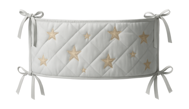 Crib bumper with ties and embroidered stars for a whimsical touch in a baby's crib.