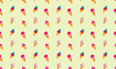 Seamless vector pattern of ice cream in a waffle cone on a yellow background.