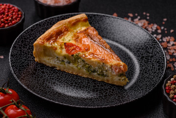 Quiche, salmon pie, broccoli, cheese. Quiche tart with fish and vegetables, cheese