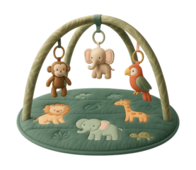 Plush activity mat with a jungle theme, featuring hanging toys for infant stimulation in a nursery.