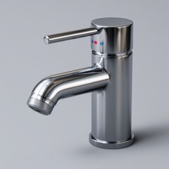 Modern chrome faucet with single lever and red and blue indicators isolated on white background