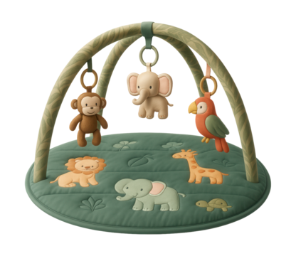 Plush activity mat with a jungle theme, featuring hanging toys for infant stimulation in a nursery.