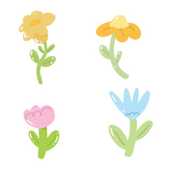 Stylized floral set featuring vibrant tulips, cheerful daisies, and elegant gerberas. Ideal for use in seasonal invitations, posters, and decorative stationery.