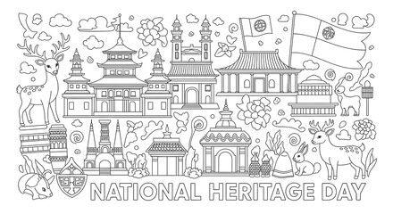 Obraz premium National heritage day illustration with asian architecture animals and flags isolated on transparent background