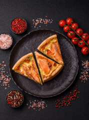 Quiche, salmon pie, broccoli, cheese. Quiche tart with fish and vegetables, cheese