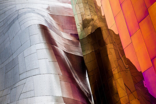 Museum of pop culture metal panels reflecting each other in seattle, washington, July 4, 2014