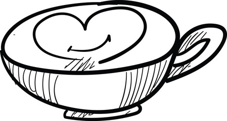 Hand-Drawn Vector Coffee Cup with Heart Latte Art in Minimal Line Style for Cafe Branding Menus or Coffee Product Packaging
