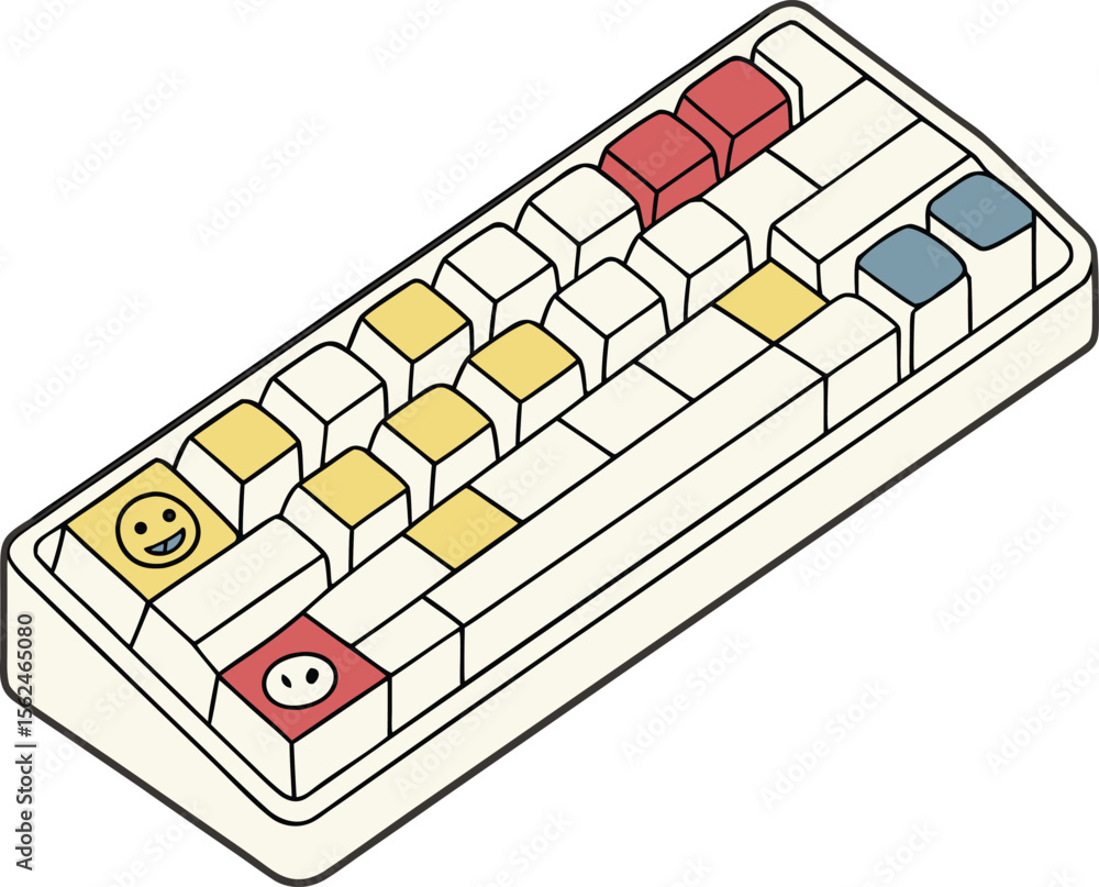 Poster isometric view of a custom keyboard with yellow pastel red and blue keys smiley face and power