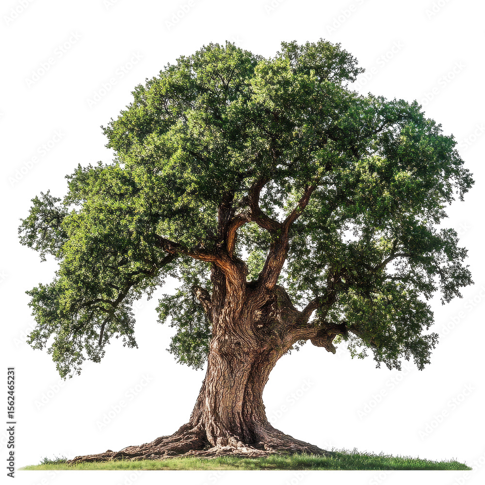 Poster majestic tree with a large trunk standing alone in a clear sky setting, tree with a large trunk and 