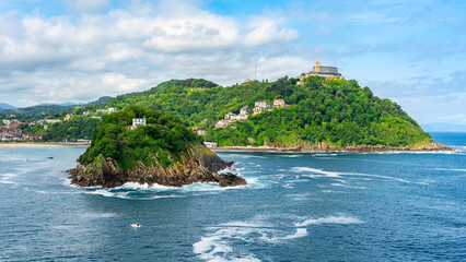 View of the ocean and Mount Igueldo in the bay of La Concha in San Sebastian, Basque Country.