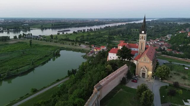 The drone sunset view to the Ilok castle and  Danube river