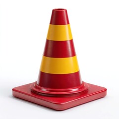 Red and yellow traffic cone with reflective stripes isolated on white background