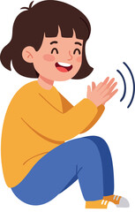 Happy little girl clapping hands in yellow sweater and blue pants vector illustration
