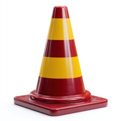 Brightly colored traffic cone with red and yellow stripes isolated on white background