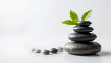 Fototapeta premium A serene stack of balanced stones crowned with fresh green leaves evokes tranquility and a zen-like calmness on a white background.