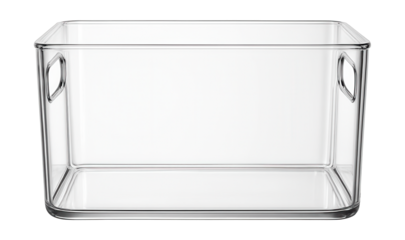 Clear acrylic refrigerator bin with handles, perfect for organizing fruits and vegetables in a home kitchen.
