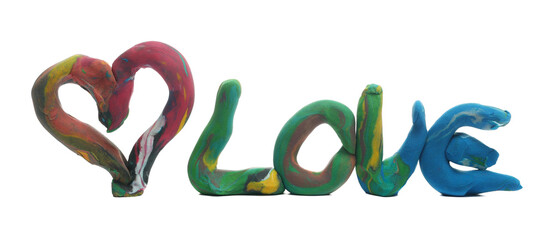 Colorful modelling clay in shape heart and word love, plasticine letters isolated on white background, side view