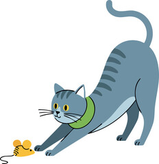 Gray tabby cat stretching with green collar playing with toy mouse vector illustration 