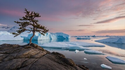 Solitary tree and icebergs at sunset amidst serene arctic landscape beauty