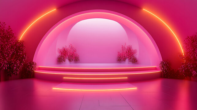 Neon lit pink archway stage with plants 3d rendered studio setting perfect for presentations fashion shows and modern product display or content creator backdrop