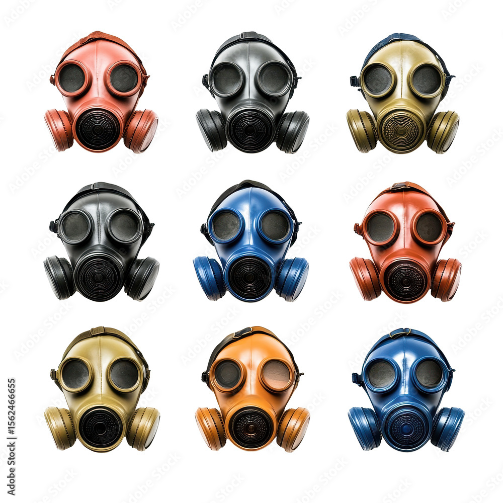Aufkleber gas masks in various colors arranged on a white background for artistic display and examination, gas