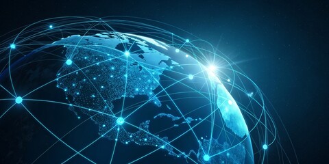 Global Network Connections Illuminated Earth, Global Connectivity, Network Infrastructure