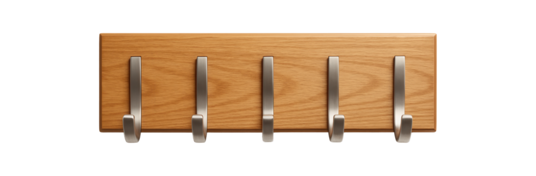 Wall-mounted wooden hook rack with a natural finish, ideal for hanging coats in a private house entryway.