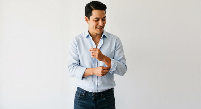 A Young Man In A Light Blue Button Down Shirt And Dark Jeans Adjusting His Cuffs With A Smile Against An Isolated White Background And Business Setting