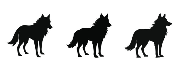 Silhouettes of three foxes in different poses, featuring bushy tails and pointed ears. The black-and-white design highlights elegance and simplicity