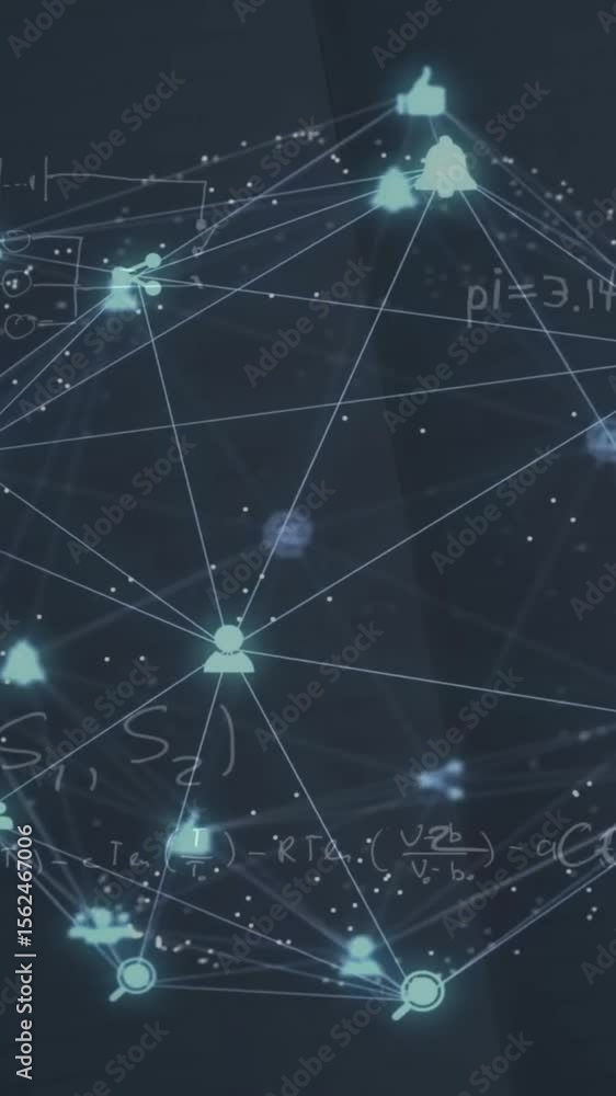 Poster animation of network of connections and data processing over dark background
