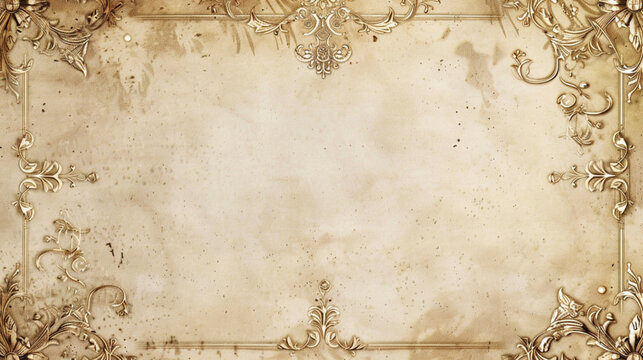 A luxurious vintage-style horizontal stationery paper design with an aged ivory parchment background. Elegant ornate gold filigree borders richly. The center area is spacious and clean for writing. - Powered by Adobe