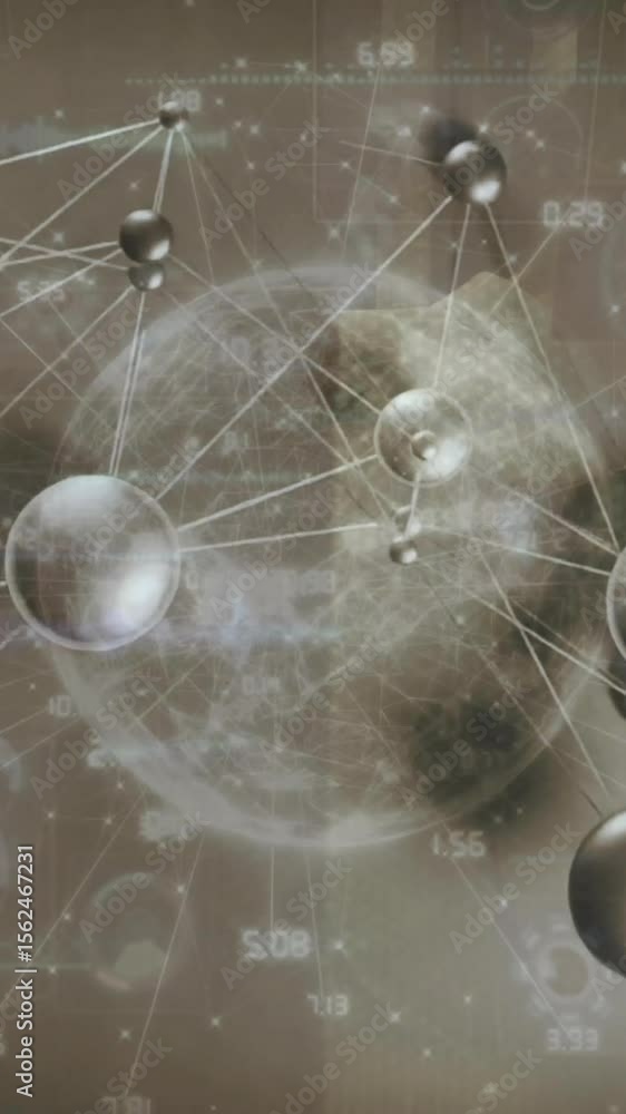 Poster animation of network of connections and data processing over grey background